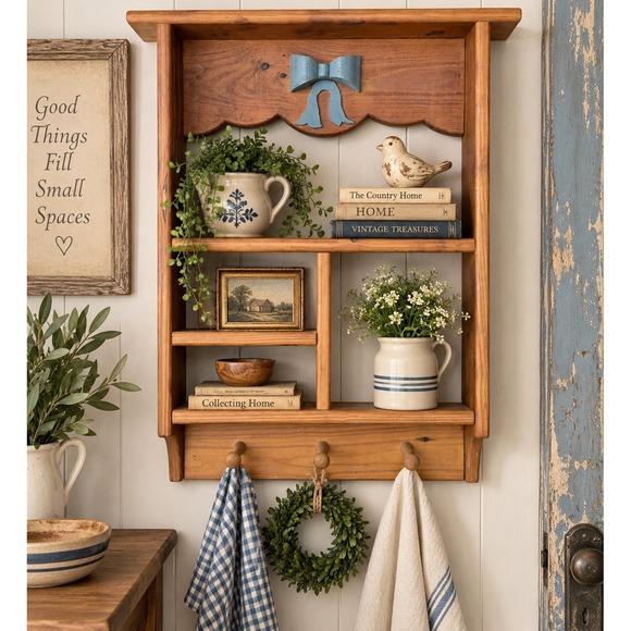 Other - Vintage Rustic Pine Wood Wall Shelf Scalloped Blue Bow 3 Pegs Farmhouse Decor